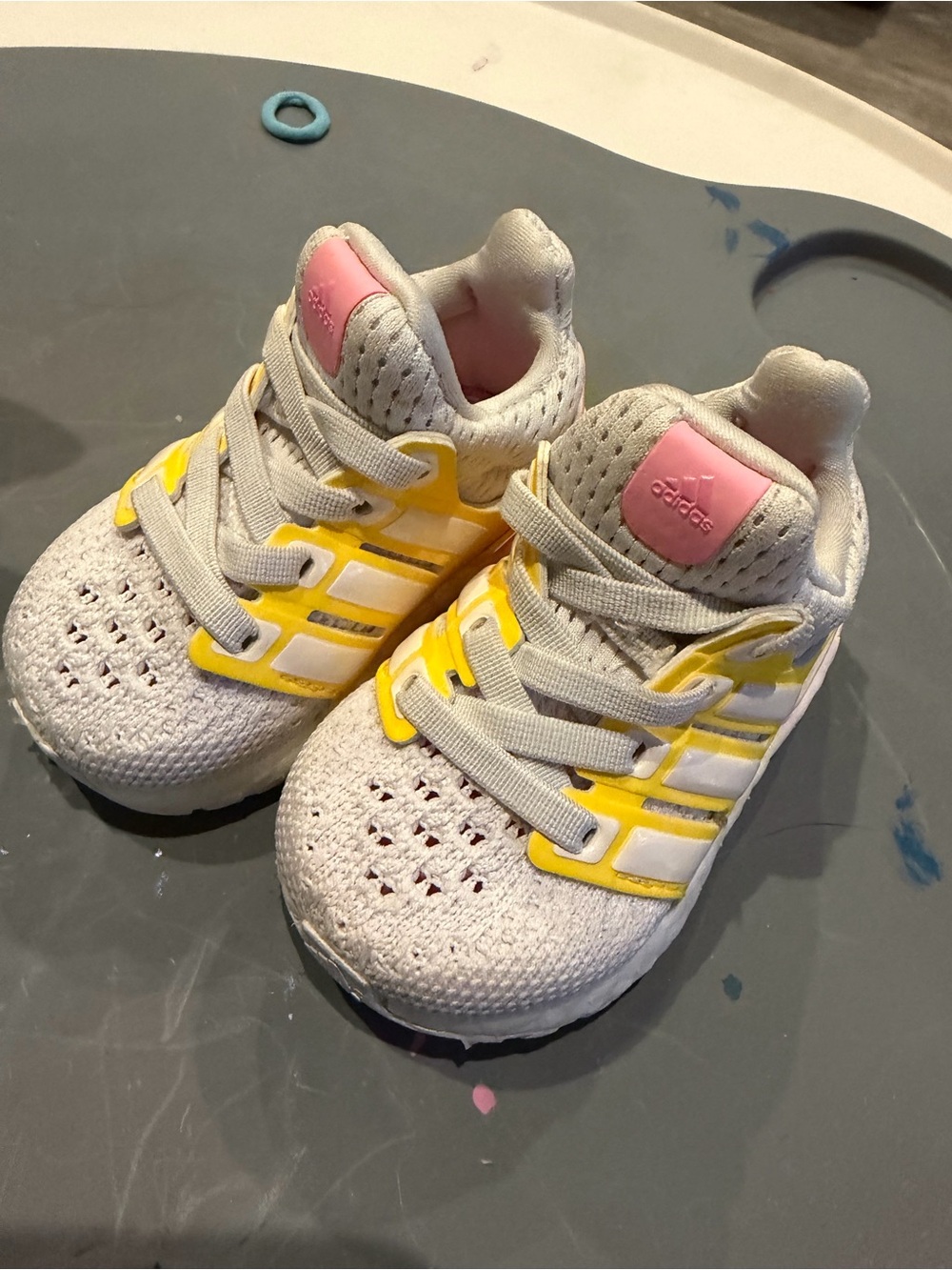 adidas Kids White Sneakers with Yellow and Pink Accents